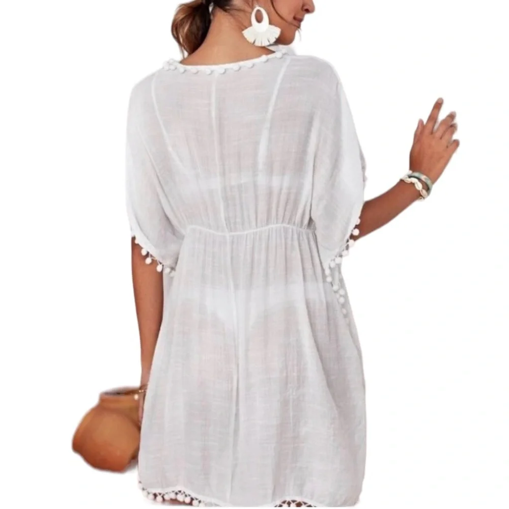 ✨NEW✨ Pom Pom Boho White Beach Swimsuit Side Slits CoverUp Top - OS - Picture 6 of 9